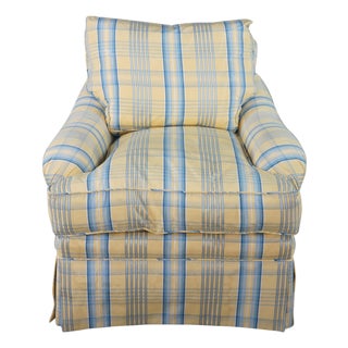 Vintage Swaim Yellow & Blue Plaid Down Filled Library Club Skirted Arm Chair For Sale