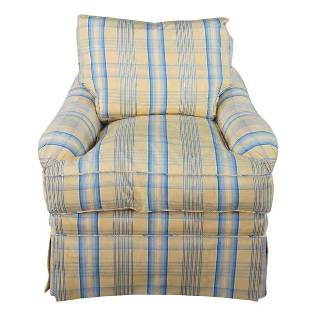 Vintage Swaim Yellow & Blue Plaid Down Filled Library Club Skirted Arm Chair For Sale