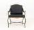 Maison Jansen Style Neoclassical Revival Arm Chair, iron with leather upholstered seat and back cushion, leather strap...