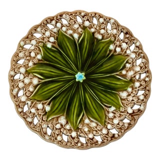 Late 1900s Antique German Majolica Plate Lilly of the Valley and Lotus Flower on Brown Ground. For Sale