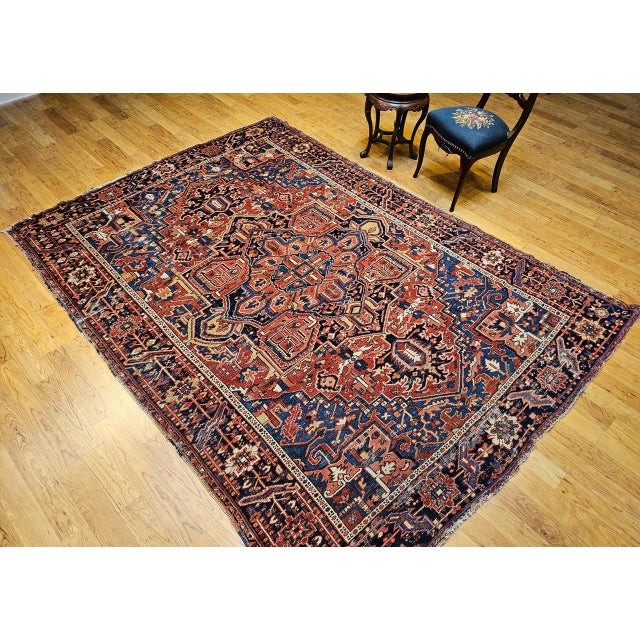 19th Century Vintage Persian Heriz Serapi Rug, Hand-Knotted Wool, Geometric Pattern, Rust-Red & Blue, 7x10 For Sale - Image 5 of 18