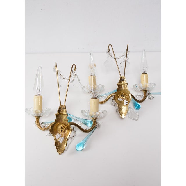 French Brass Wall Sconces with Blue Glass Drops, 1950s, Set of 2 For Sale - Image 6 of 7