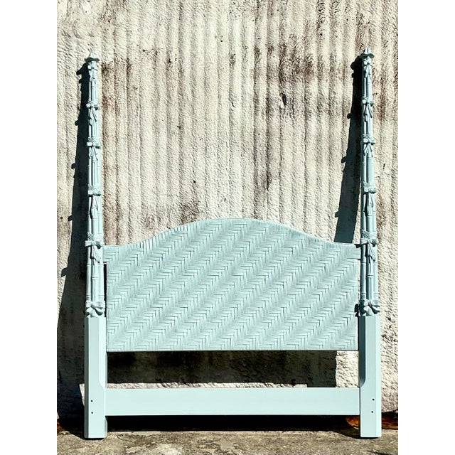 Vintage Coastal Pale Blue Lacquered Woven Rattan Queen Headboard | Chairish