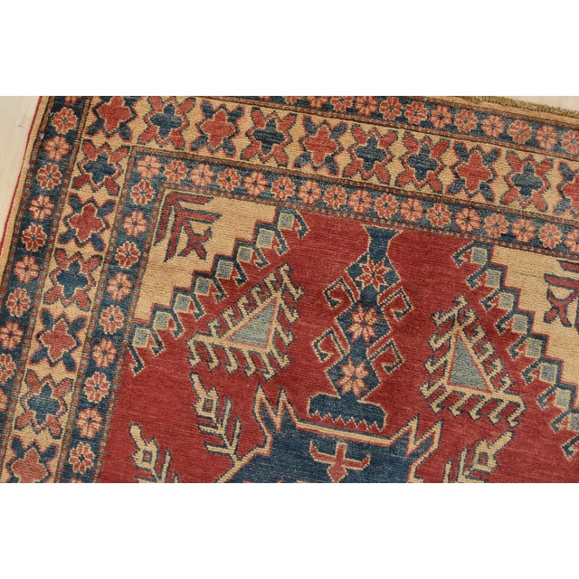 Kazak Rug 4’1” X 6’4” Red Wool Tribal Hand-Knotted Oriental Carpet For Sale In Philadelphia - Image 6 of 12