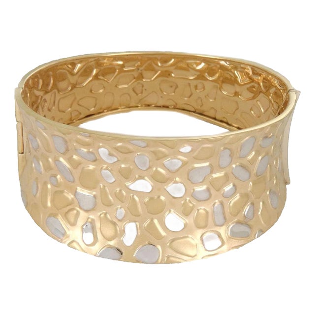 14k Two Tone Gold Wide Concave Pebble Style Bracelet For Sale