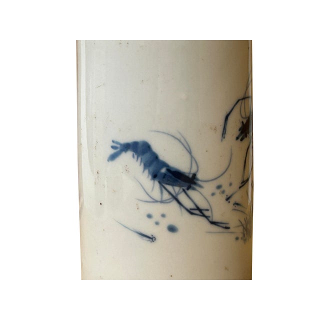 Chinese Distressed White Porcelain Blue Shrimps Graphic Holder Vase For Sale - Image 4 of 9