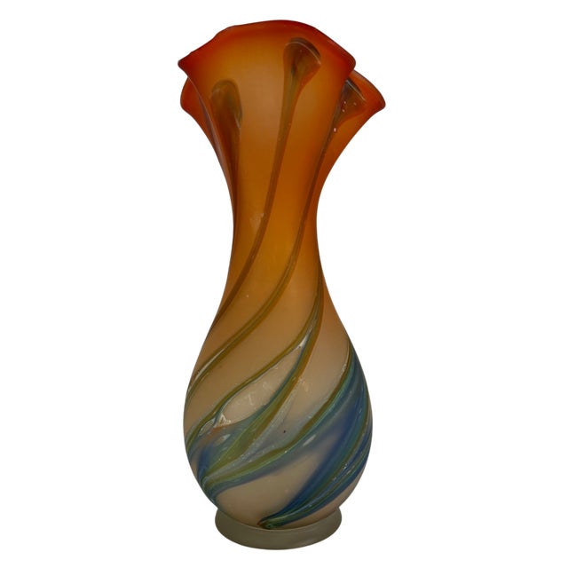 Orange Zareh Orange Art Glass Fazzoletto Vase With Green Blue Swirl For Sale - Image 8 of 18