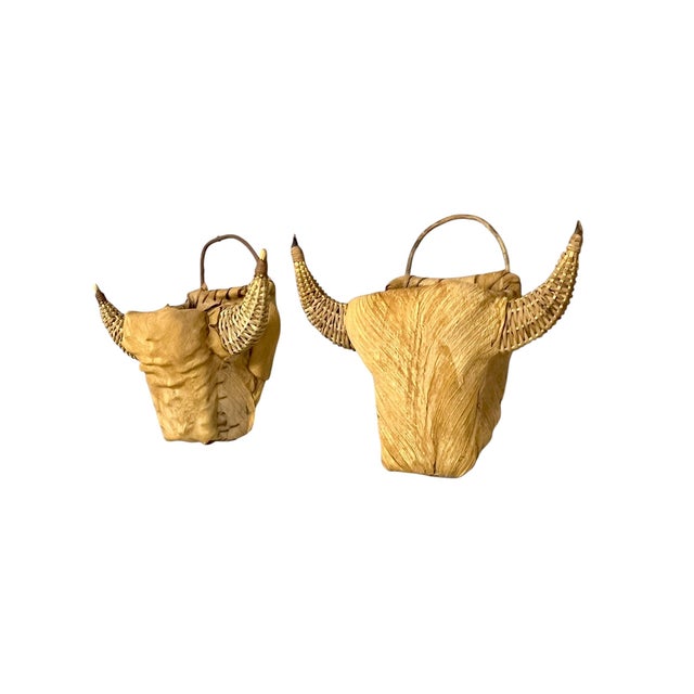 Rustic Pair Vintage Texas Folk Tramp Art Wicker Bull Head Planters For Sale - Image 3 of 14