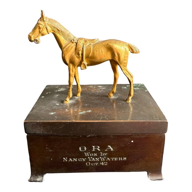 1940s Horse Statue Trophy Lidded Box Equestrian Ora Horse Racing Vintage Brass For Sale