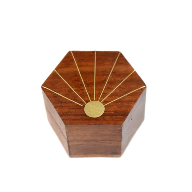 Brown Mid 20th Century Vintage Hand Made Inlaid Brass Wooden Hexagon Box For Sale - Image 8 of 8