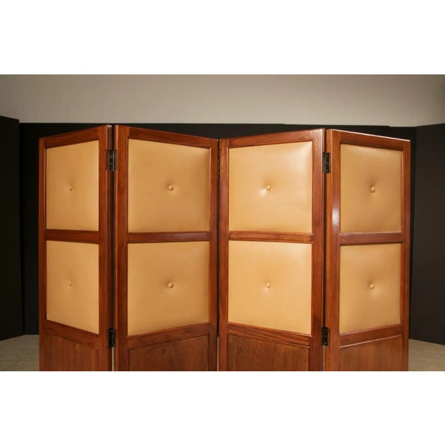 Brazilian Hardwood, Leather and Mirrored Panel Folding Screen, Brazil, C 1960s For Sale - Image 4 of 18