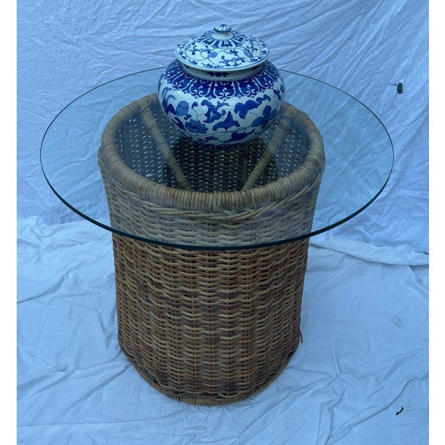 California Chic Modern Round Rattan Wicker Accent Table With Glass Top For Sale - Image 4 of 9