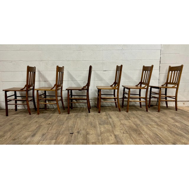 Brown Vintage Oak Slat Back Pub Chairs Dining Chairs - Set of 6 For Sale - Image 8 of 8