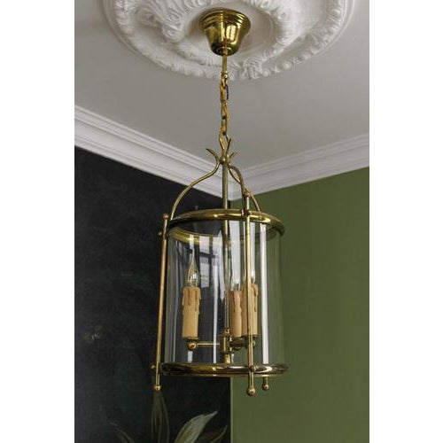 Gold French Neoclassical Brass and Clear Glass Round Hanging Lantern, 1950s For Sale - Image 8 of 18