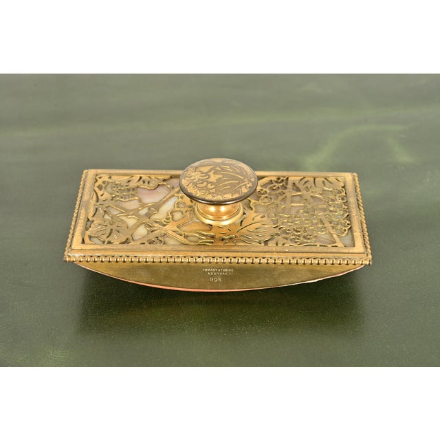 Art Deco Tiffany Studios New York Grapevine Bronze Doré and Favrile Slag Glass Rocker Blotter For Sale - Image 3 of 11