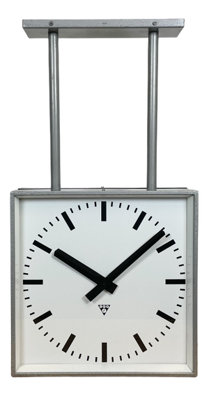 Large Square Industrial Double-Sided Factory Clock from Pragotron, 1960s