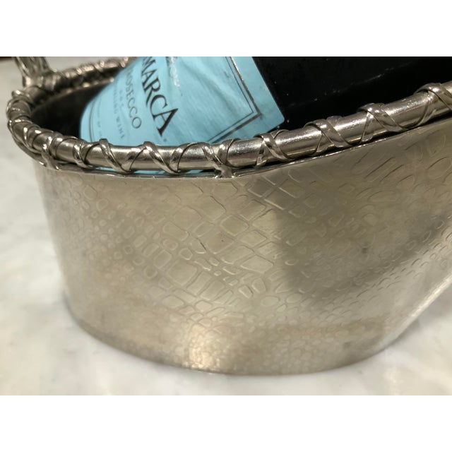 Metal Alligator Embossed Silver Champagne or Wine Caddy With Braided Handle - Palm Beach Regency, Grandmillennial, Gift, Bar Cart Barware - Pics! For Sale - Image 7 of 9