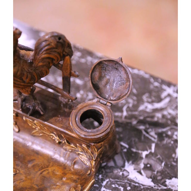 Brown 19th Century French Patinated and Gilt Spelter Rooster Inkwell Desk Set For Sale - Image 8 of 10