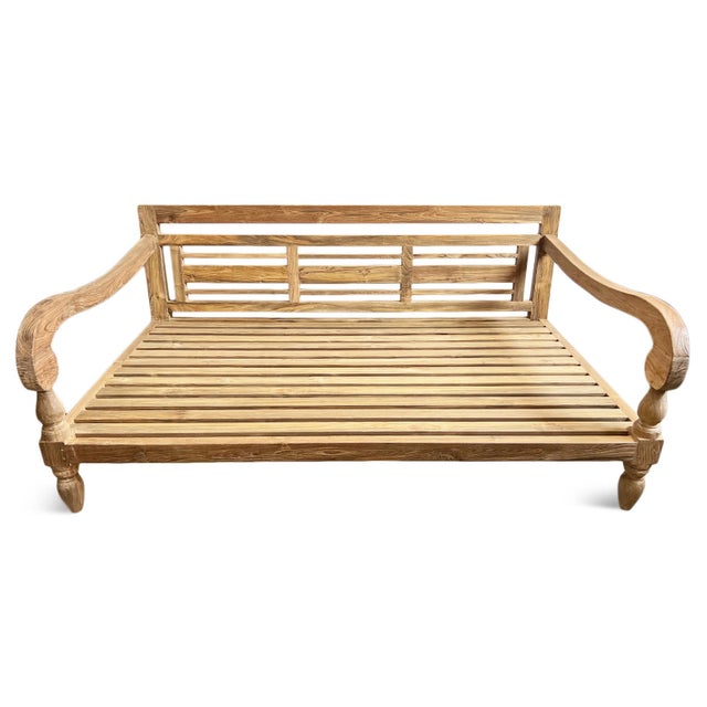 Beautiful hand crafted teak wood daybed for outdoor or indoor use. Includes outdoor taupe colored dry wick outdoor base...