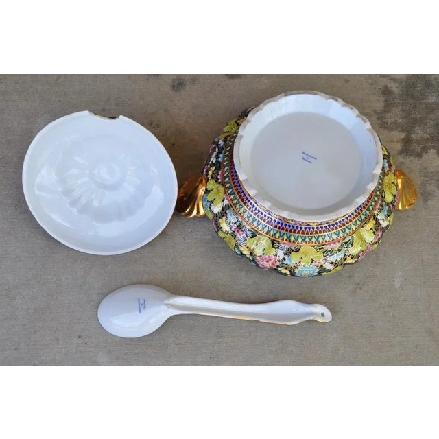 Thai Benjarong Porcelain Soup Tureen & Ladle Set With Hand-Painted Floral Decorations For Sale In San Francisco - Image 6 of 13