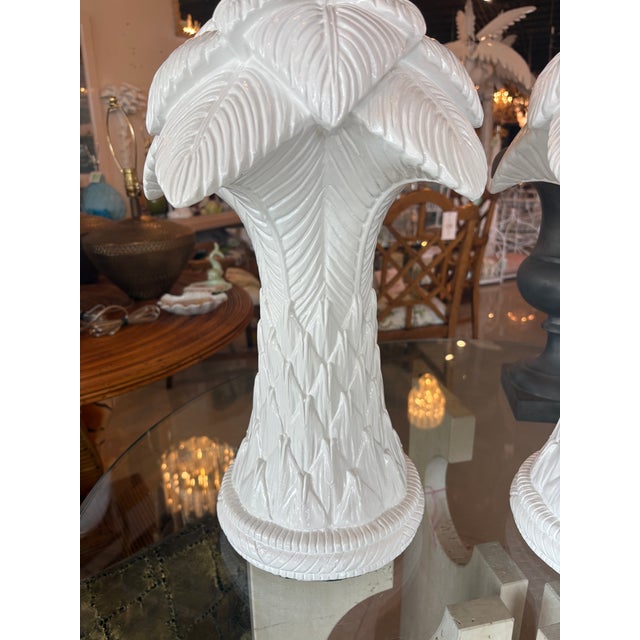 Lovely pair of vintage plaster Palm Beach palm tree leaf tree frond tropical lamps. White gloss lacquer. All new wiring,...