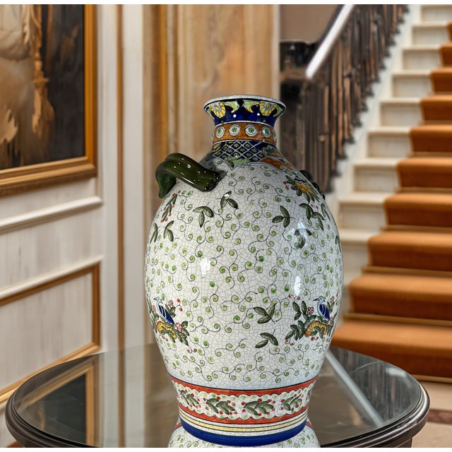 White 17+ In. Tall Chinese Jug Vase Stylized Blue Songbird, Fruit & Leaf Pattern For Sale - Image 8 of 18