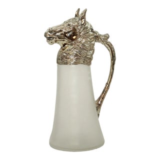 Equestrian Silver Plate Nickel Horse Head and Frosted Glass Decanter Pitcher For Sale