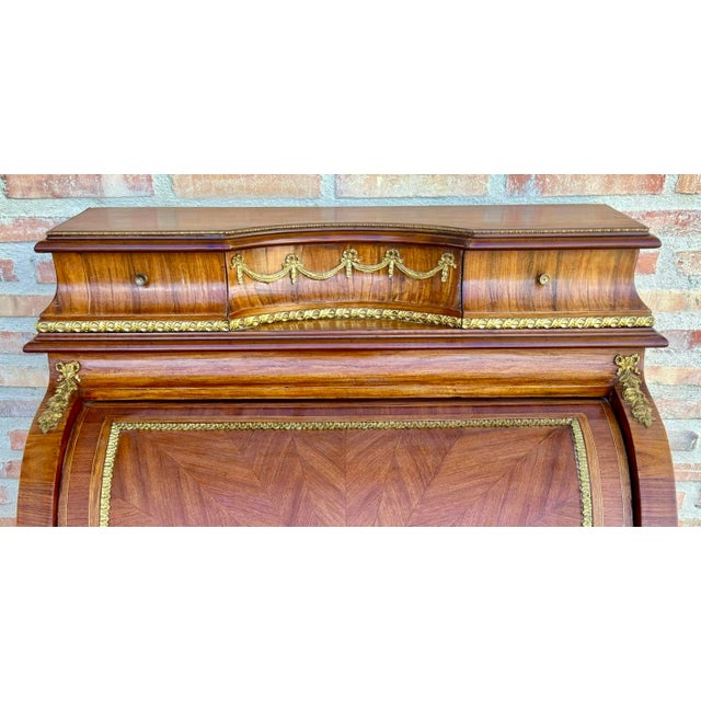 Brown 1930s French Louis XV Style Marquetry Bureau With Brass Mounts For Sale - Image 8 of 11