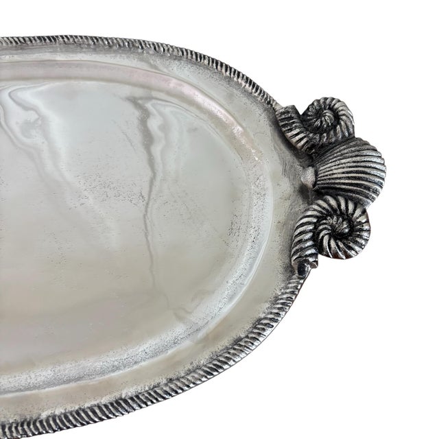 2020s Large Coastal Silver Aluminum Serving Platter Tray With Seashell Motif Handles For Sale - Image 5 of 5