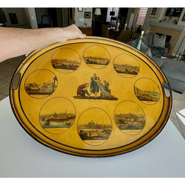 Large Antique French Empire Yellow Oval Tole Tray - Early 19th-Century For Sale - Image 4 of 16