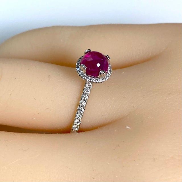 Contemporary Platinum Diamond 0.72 Carat Cabochon Ruby 1.70 Carat Engagement Ring Size 6.25 For Sale - Image 3 of 8