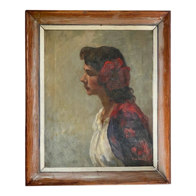 Antique Oil on Canvas Portrait Painting of Beautiful Woman With Hibiscus Flower in Her Hair, Signed Vera Martin Circa 1920’s For Sale
