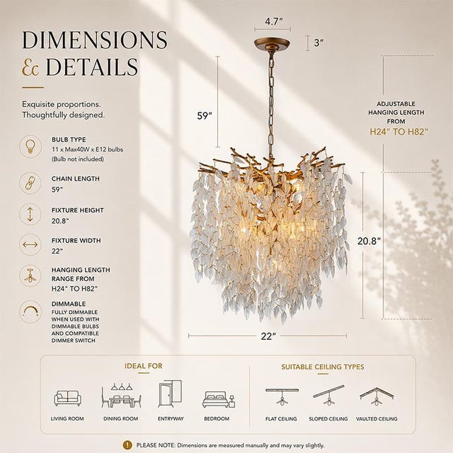 Bring natural elegance to your home with this 11-light branch chandelier. Featuring cascading clear glass leaves and a...