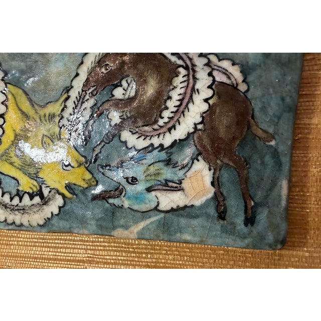 Ceramic Antique 1800's Hand Painted Middle Eastern Lion Horse Pottery Majolica Wall Tile For Sale - Image 7 of 10