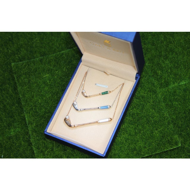 White Diamond Malachite Golf Club Birdie Charm 18 Karat Yellow Gold Necklace Pendant For Sale - Image 8 of 18