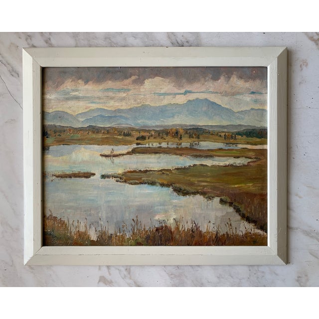 A beautifully serene landscape highlighted by muted pastel blues and purples. Likely depicting the countryside near...