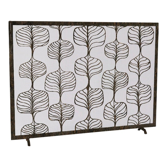 Warm Black Fig Leaf Fireplace Screen Iron For Sale