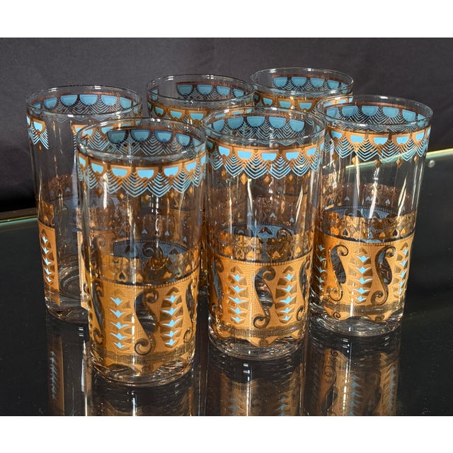 Culver Ltd. Culver Saratoga Highball Glasses in Turquoise and 22k Gold - Set of 6 For Sale - Image 4 of 8