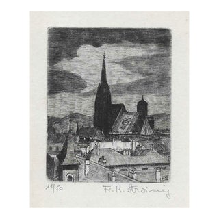 Antique European Nocturnal Rooftop Etching For Sale