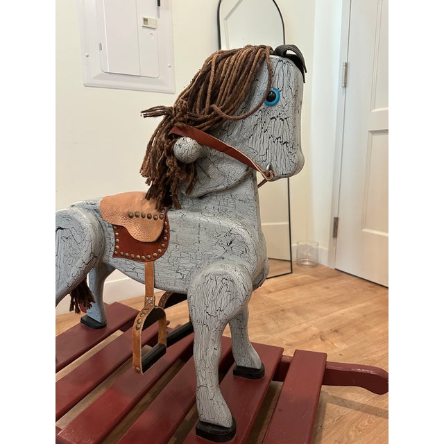 Wood Large Vintage Folk Art Wooden Rocking Horse For Sale - Image 7 of 8