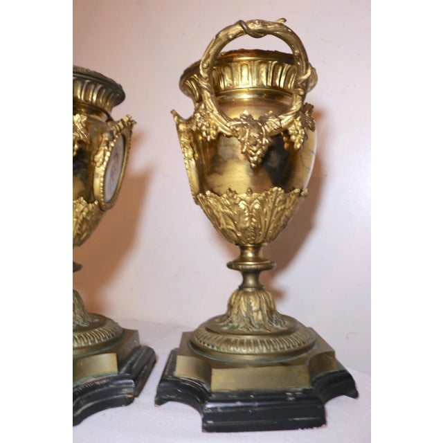 1930s Pair of Antique Ornate Gilt Bronze Porcelain Painting Urn Vase Garniture Ewer For Sale - Image 10 of 12