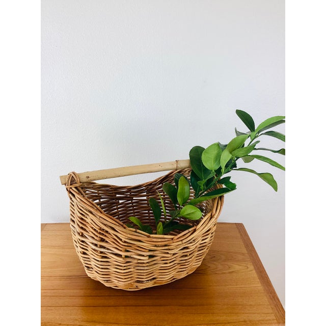 1960s Vintage Rustic Boho Woven Wicker Reed Bamboo Handle Gathering Bread Basket For Sale - Image 5 of 9