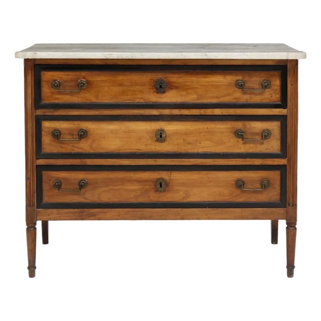 French Louis XVI Style Marble-Top Parcel-Ebonized Commode For Sale