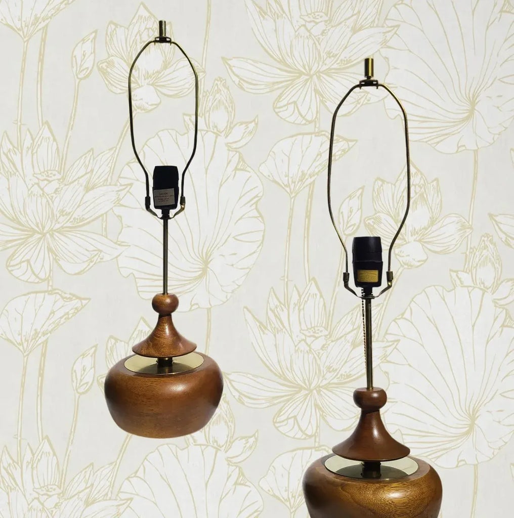 Pair of Mid 20th Century Walnut & Brass Lamps With Original Shades