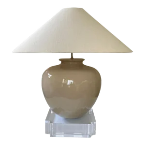 Large Beige Ceramic Urn Lamp on Thick Lucite Base, 1980's