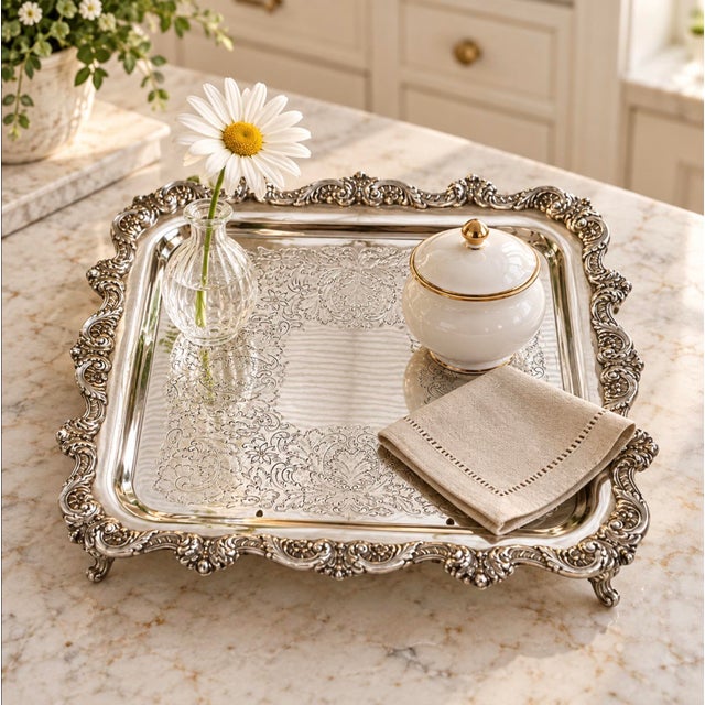 An elegant vintage silver-plated serving tray by the Poole Silver Company of Taunton, Massachusetts. This square tray...