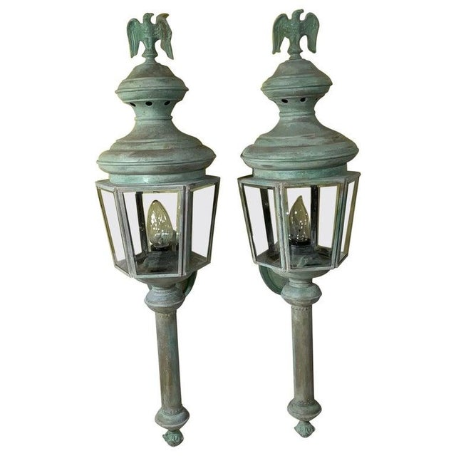 Magnificent Pair of Vintage Solid Brass Eagle-Topped Wall Lanterns For Sale - Image 14 of 17