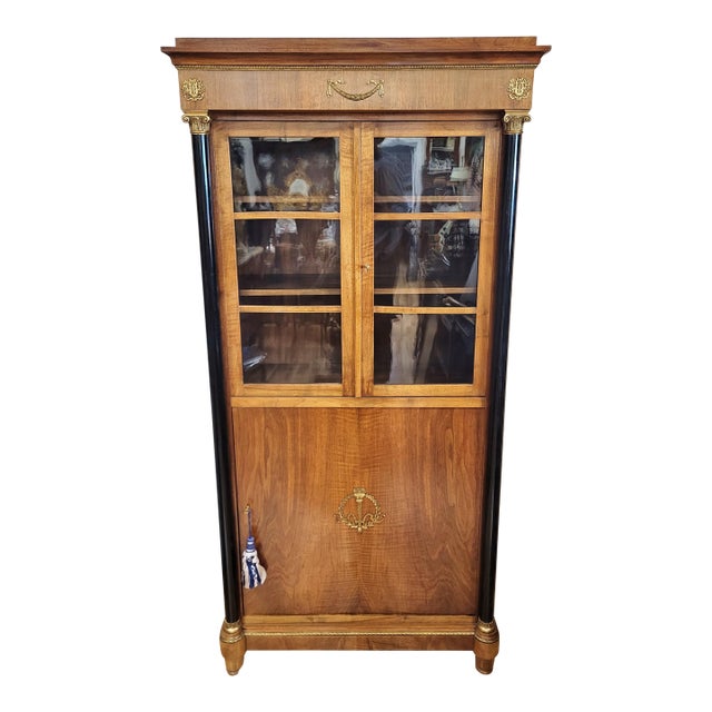 19th C French Walnut Ebony & Bronze Empire Curio Vitrine Bookcase For Sale