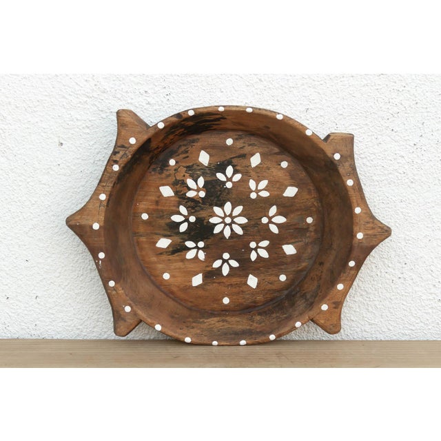 1970s Rustic Wood Artisanal Bowl W/Floral Design For Sale - Image 5 of 6