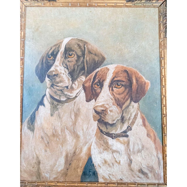 We are selling this early 20th century oil on wood panel of two pinter hunting dogs. This image is commonly seen of the...